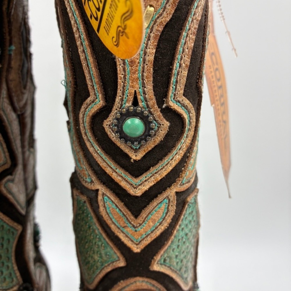 Corral Boots Women's Saddle Brown Teal Leather Inlay Western Snip Toe 6 M - Picture 12 of 16
